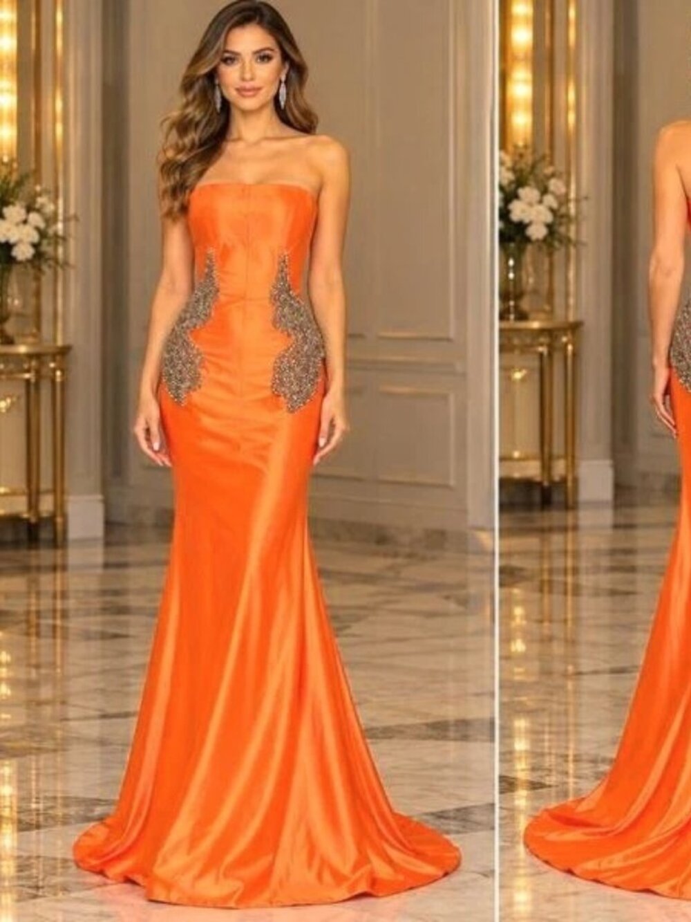 Sophia Thomas Orange Rhinestone Butterfly Strapless Gown